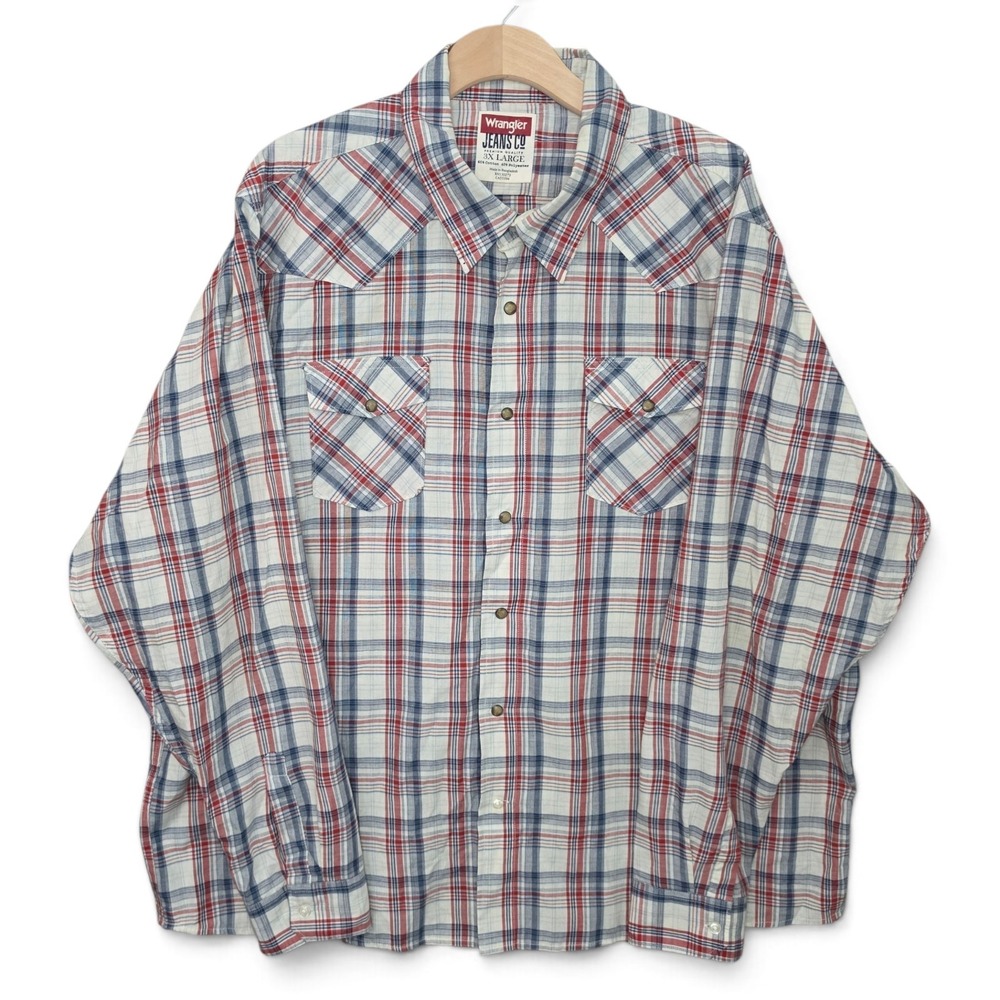 Wrangler Shirt Mens 3X Large Red White Blue Plaid Western Pearl Snap Long Sleeve